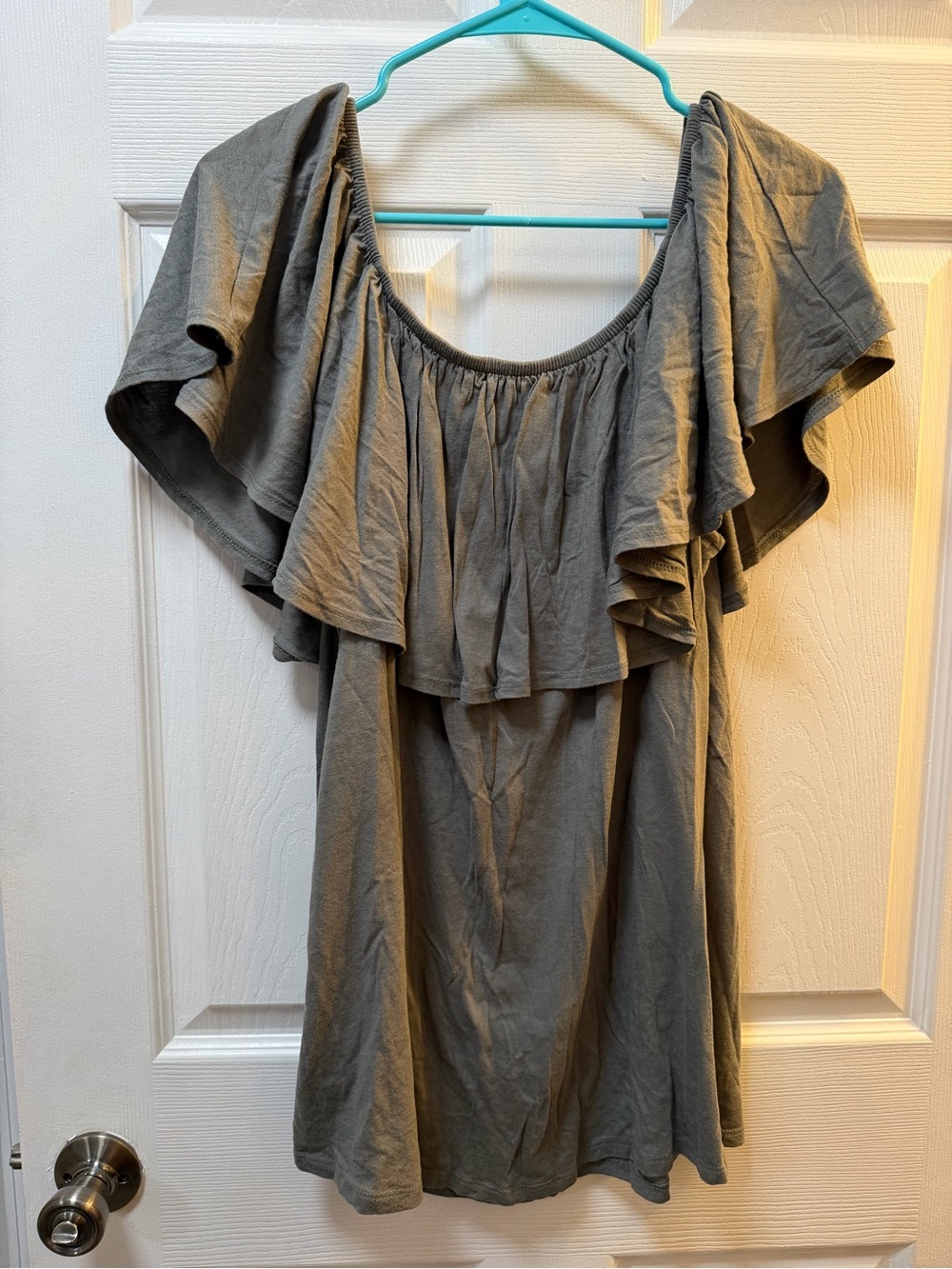 Woman Within Gray Off-Shoulder Ruffle Blouse - Picture 3 of 3